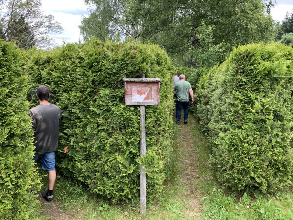 Heckenlabyrinth: Leute laufen bei einem Abzweig in beide Richtungen. In der Mitte ein Schild mit nicht mehr lesbarer Aufschrift.