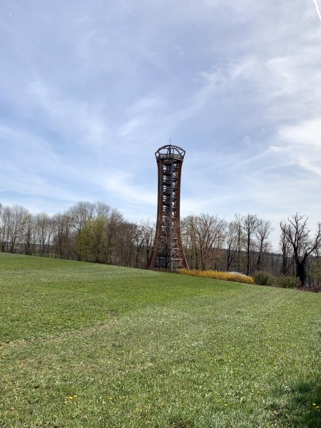 Aussichtsturm zwischen Bäumen am Ende vom Feld