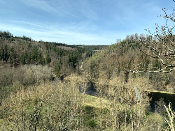 Von oben Blick ins Tal. Berge sind mit Bäumen bewachsen. Im Tal fließ ein Fluss.